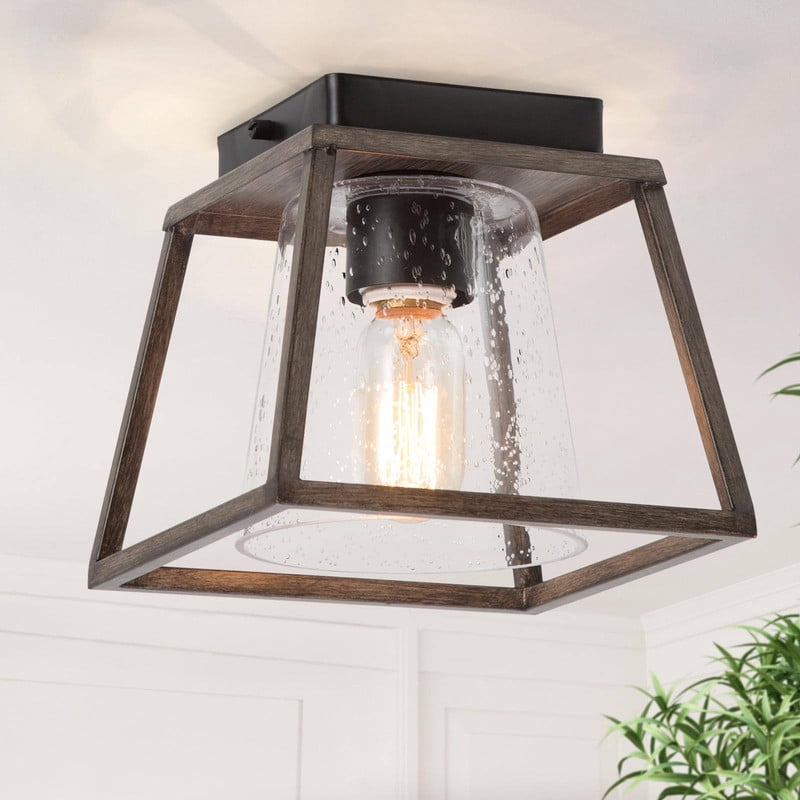 LNC 8-in Grayish Brown Wood and Black Seeded Glass Square LED Farmhouse Flush Mount Light