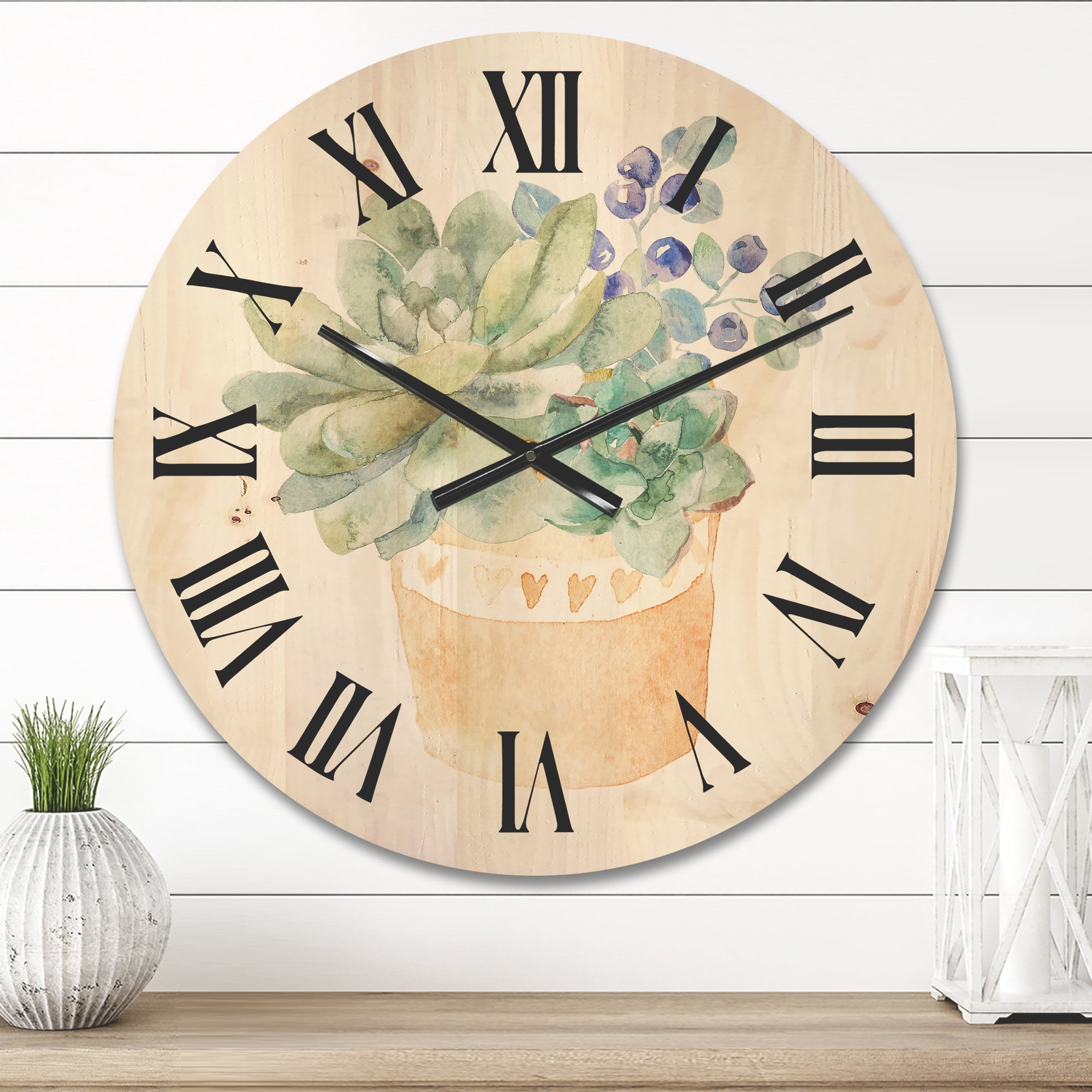 Designart 'Succulent Flower In Terracotta Clypot II' Traditional Wood Wall Clock