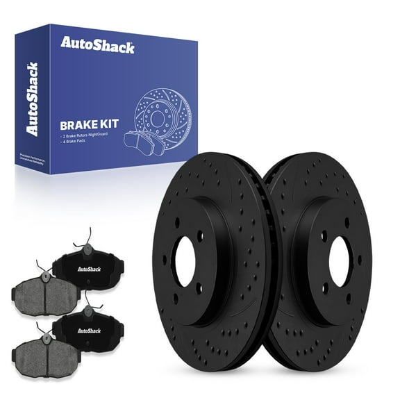 AutoShack 11.83" (300.5 mm) Rear Vented Drilled & Slotted Brake Rotors E-Coated   Premium Ceramic Brake Pads | Replacement for 2005-2011 Ford Mustang | Black Finish | 6-PC Brake Kit | NightGuard