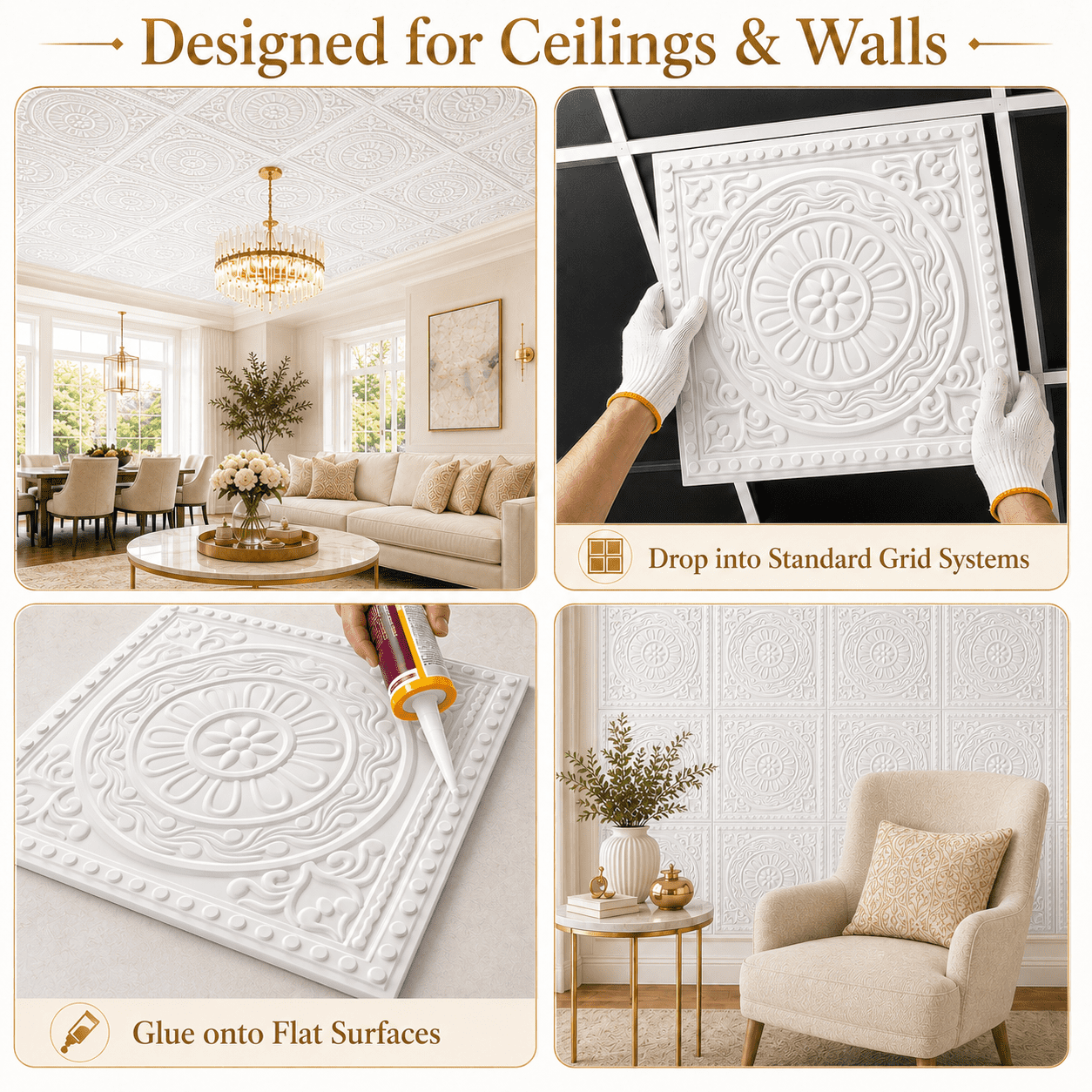 Yeslife 12-Pack Barque White PVC Drop Ceiling Tiles 2x2 ft Waterproof for Living Room Office, 48 sq ft