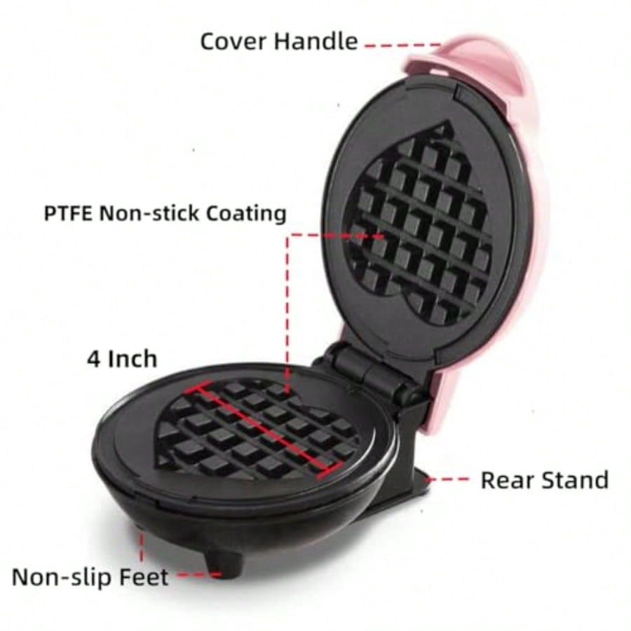Mini Waffle Maker 4 Inch Plate Waffle Iron for Hash Browns Keto Chaffles Snacks Sandwich Compact Design Non-Stick Surface Easy to Clean Heart Pink