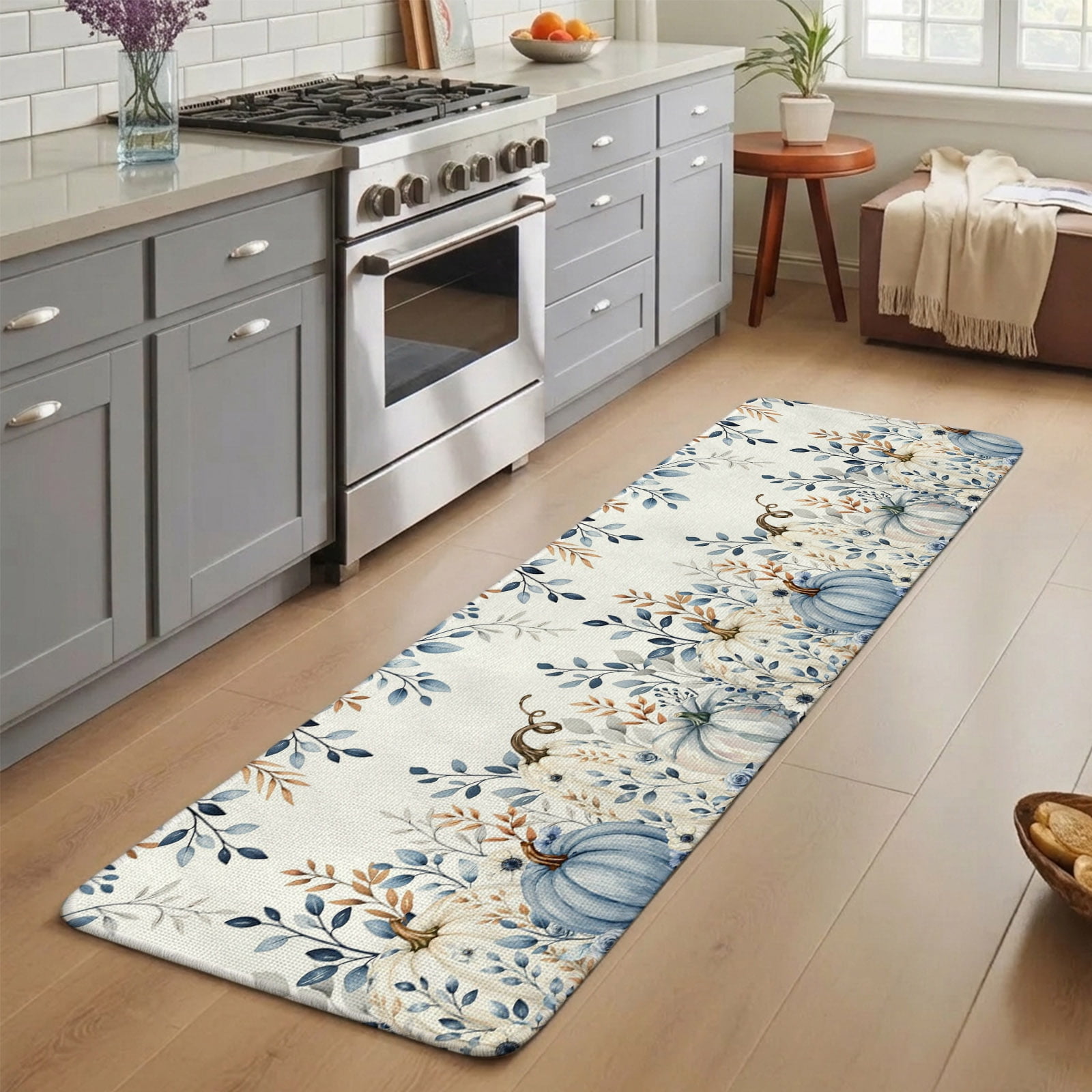 Entryway Runner Rug 19.7''x63'',Blue Pumpkins Fall Indoor Outdoor Front Door Mat with Non-Slip Rubber,Thanksgiving Eucalyptus Leaves Weeping Runner Doormat for Hallway Kitchen Back Door Entrance