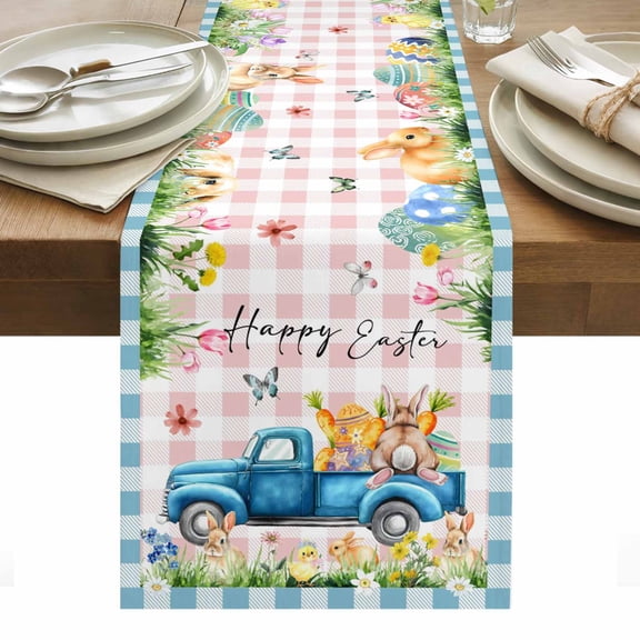 Blue Plaid Easter Table Runner - 90 Inch Long, Kitchen Dining Table Runner Dresser Scarves, Truck Spring Floral Bunny Animals Farmhouse Decor for Coffee Tables Wedding Party Banquet