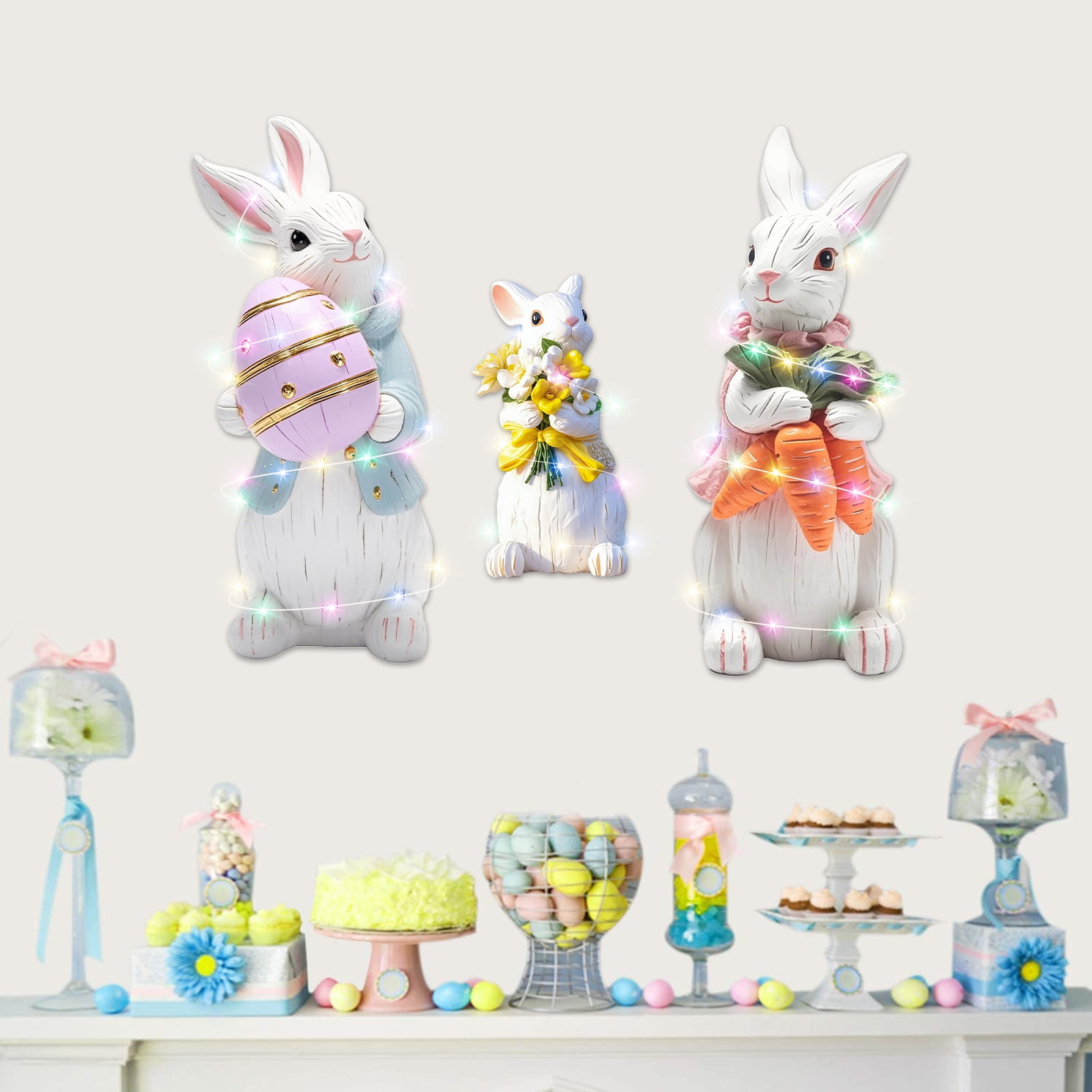 YIBAGA Easter Bunny Yard Signs Extra Large Easter Outdoor Decorations with Stakes with LED Lights 3pcs