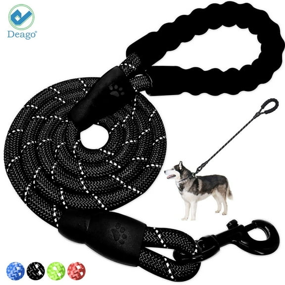 Deago 5 FT Strong Dog Leash Rope with Comfortable Padded Handle Reflective Threads Braided Leash for Medium Large Dogs (Black)