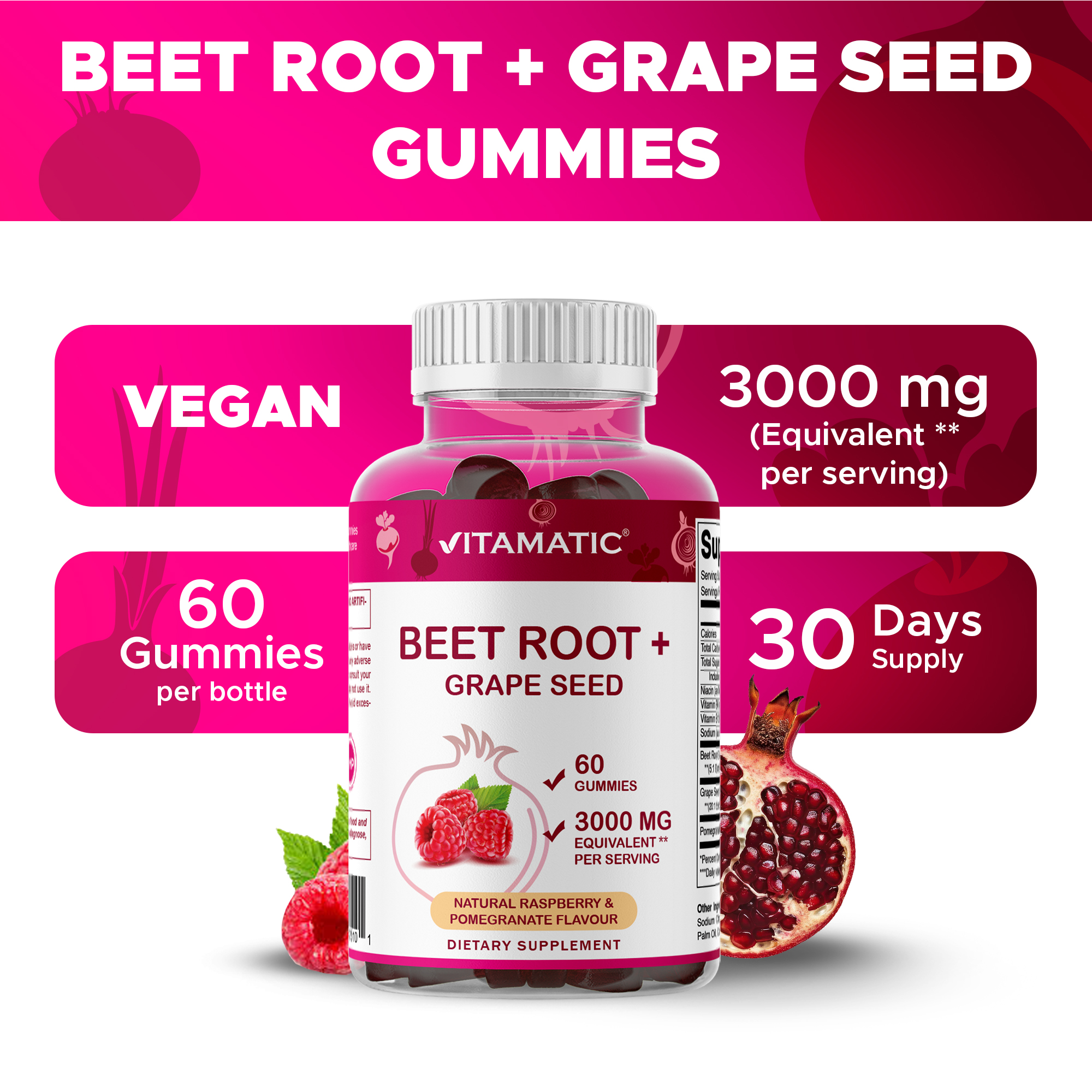 (3 pack) Vitamatic Beet Root Gummies 3000 mg Equivalent Per Serving - 60 Gummies - Made with Vitamin B6, B12, Grape Seed, Pomegranate & Nicotinamide