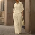 thumbnail image 6 of Feancey Vacation Outfits for Women 2 Piece Set Linen Short Sleeve Laplel V Neck Top and Elastic Waist Pant Lounge Sets Solid Color Loose Travel Outfit with Pockets Beige 3XL, 6 of 9