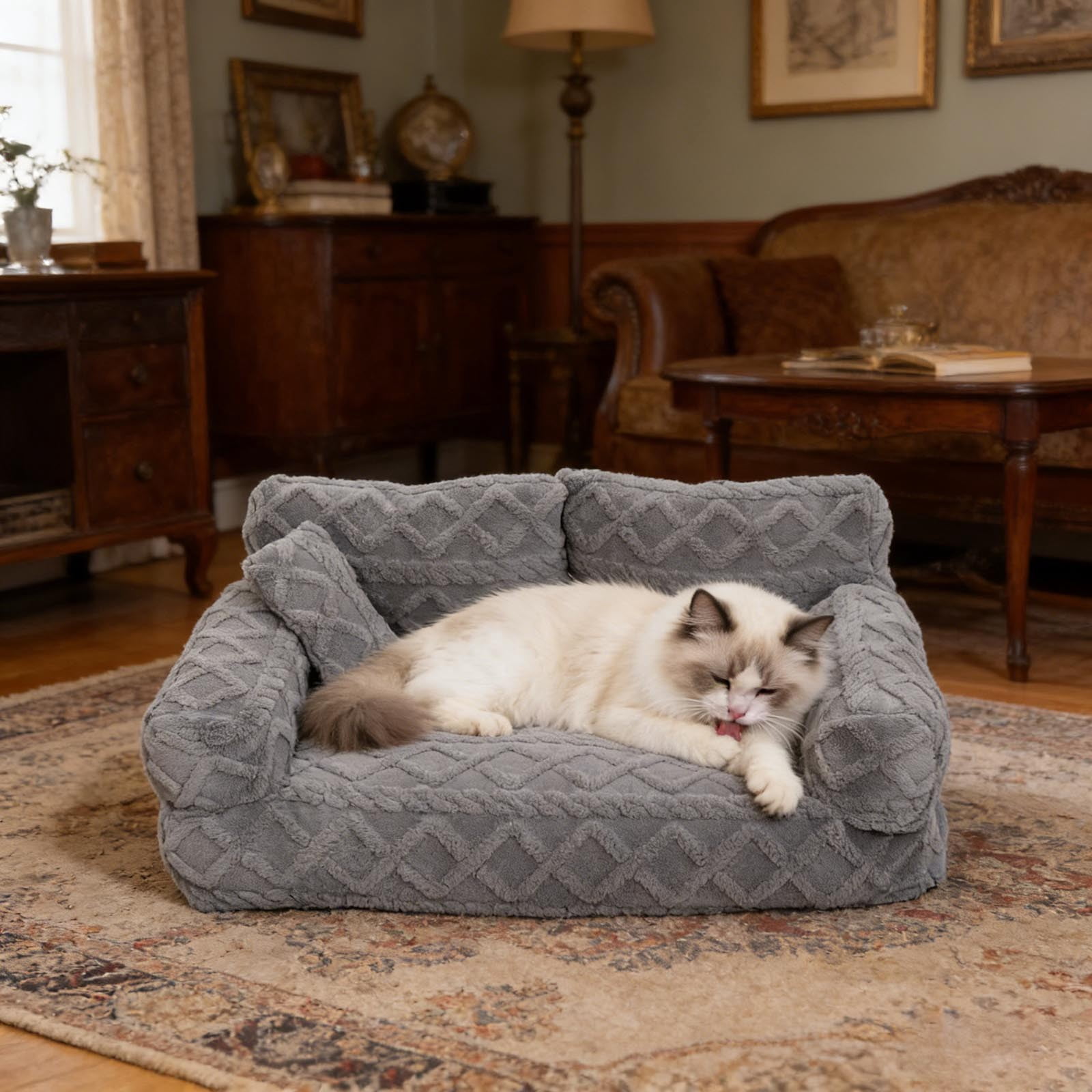 Orthopedic Pet Sofa Bed Removable Washable Plush Cushion Supportive Calming Sleeping Couch for Small Medium Dog Cat Indoor Rest Gray - M