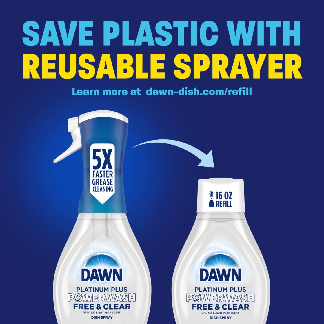 (3 pack) Dawn Powerwash Spray, Dish Soap, Dishwashing Liquid, Free & Clear, 1 Starter Kit, 16 Fl Oz