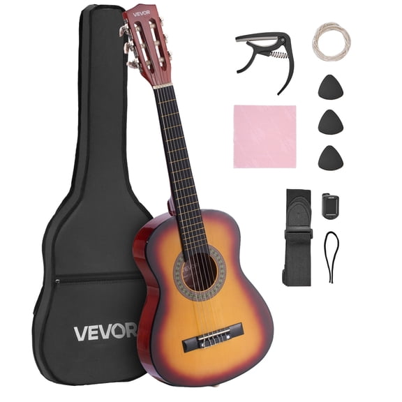 VEVOR 30in Classical Guitar,Wood Guitar Starter Kit for Beginners, with Nylon Strings, Gig Bag, Strap, Tuner, Extra Strings, Pick, Capo, Basswood,for Kids Girls Boys Students, Sunburst