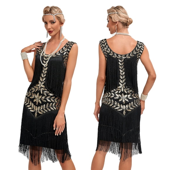 1920s Vintage Dress Summer Fringe Beaded Great Gatsby Flapper Evening Dress Party Cocktail Prom,M,Black