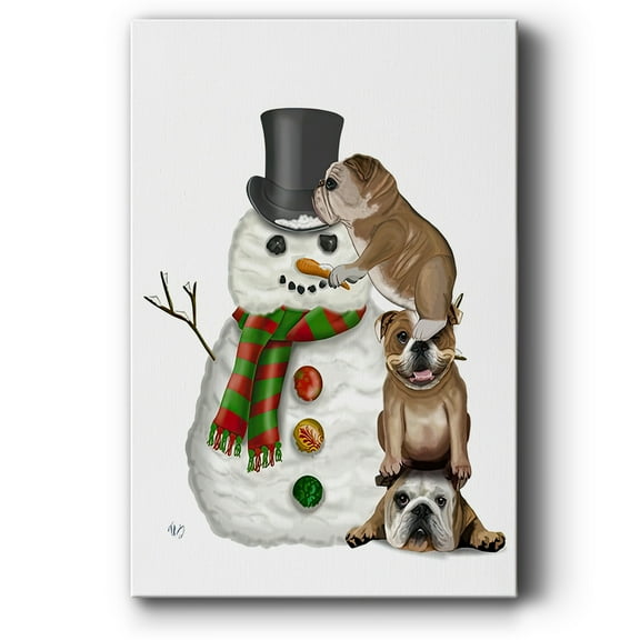 Christmas English Bulldogs Building Snowman- Gallery Wrapped Canvas