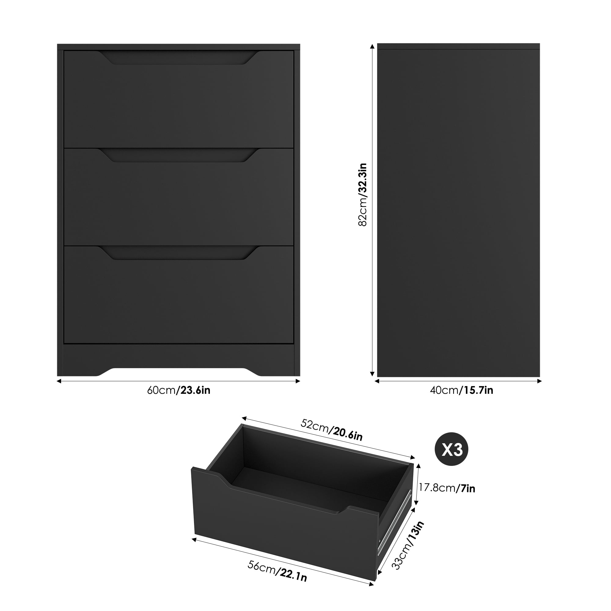 Homfa 3 Drawer Dresser, 23.6”W Nightstand, Wood Chest of Drawer with Cutout Handles for Bedroom Living Room，Black