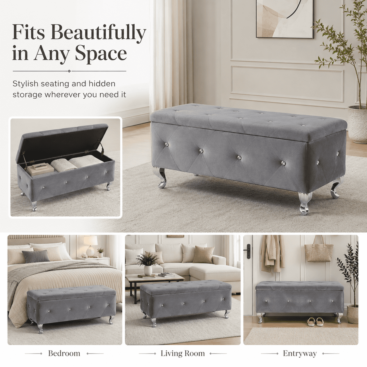 Aukfa 38" Upholstered Storage Ottoman Bench with Hidden Storage, Crystal Tufted Velvet Bed Bench, 380 lb, Gray