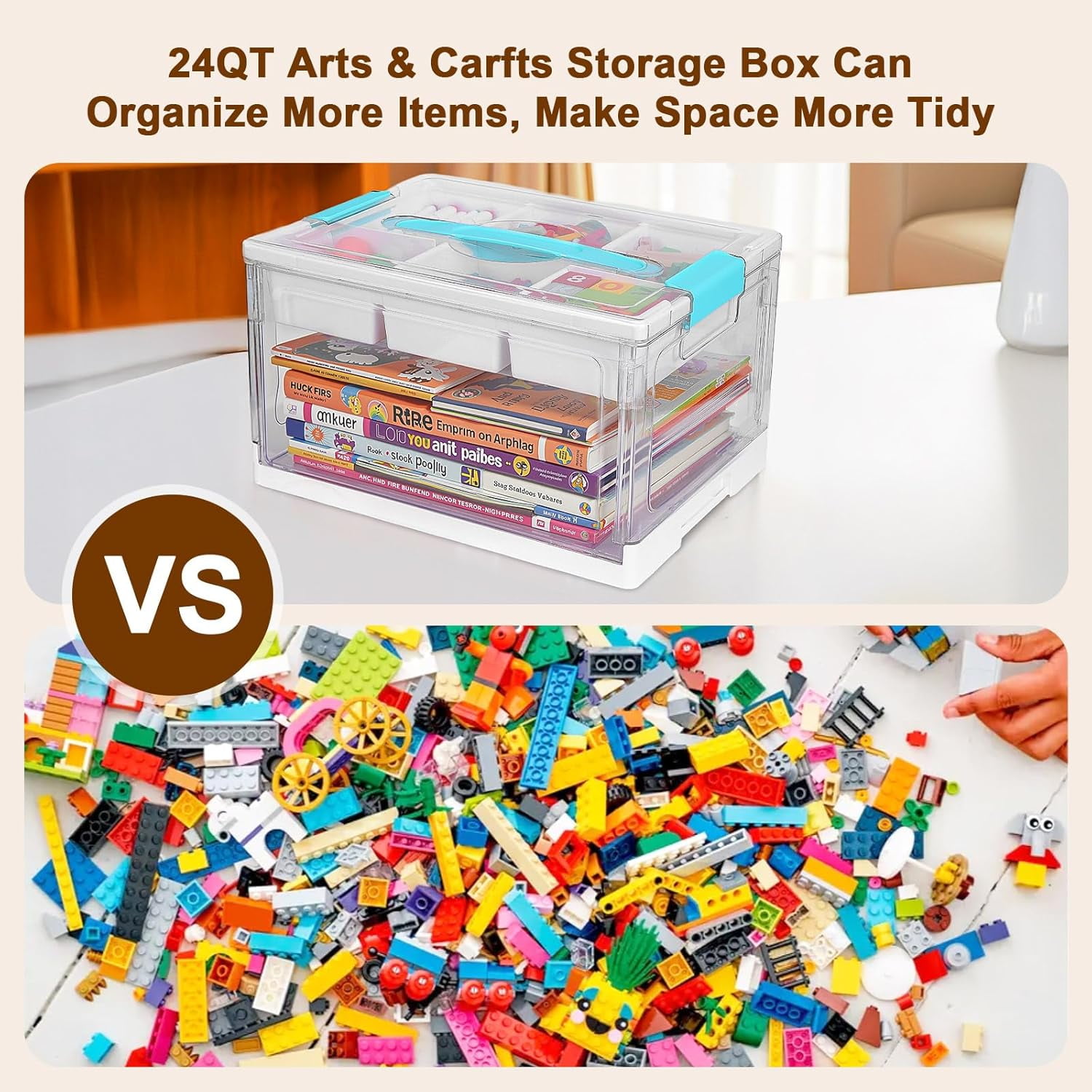 24QT Large Clear Plastic Craft Organizer with Removable Tray & Adjustable Dividers, Foldable Storage Box with Handles for Art Supplies, Toys, Sewing, Books, Crayons, and Medicine