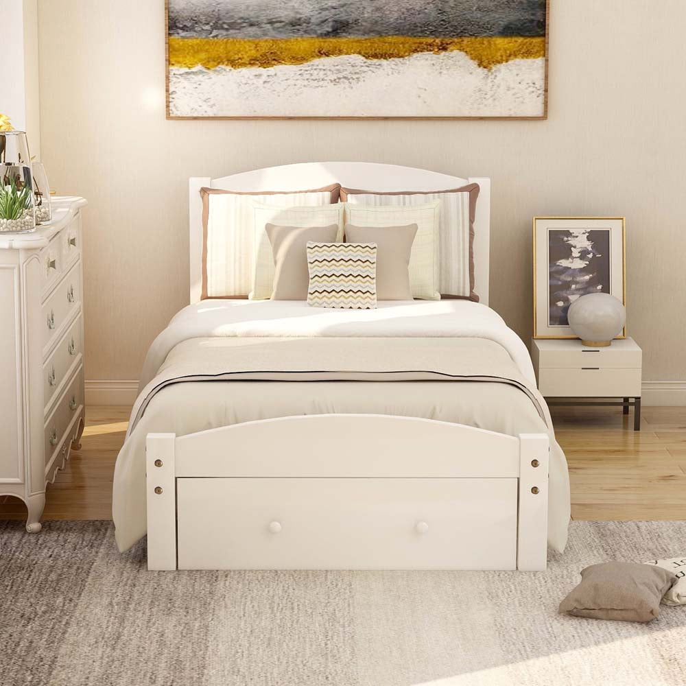 Wood Twin Bed with Storage Drawer, YOFE Twin Bed Frame w/Headboard and