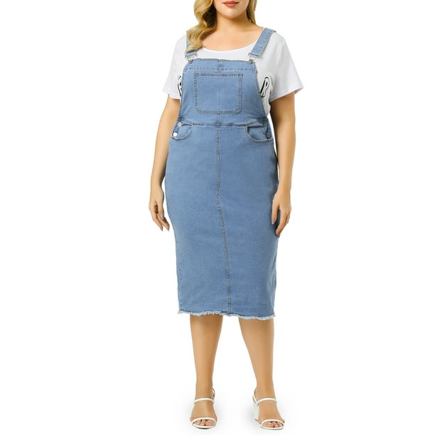 Unique Bargains Women's Plus Size Strap Raw Hem Overall Denim Dress -