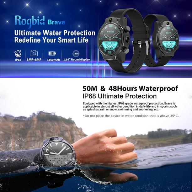 Rogbid Brave 4G LTE Smart Watch 1.69 Inch 450 450 IPS Screen 3GB 32GB 1360mAh Battery Capacity 8MP 8MP Front Side Camera Video Chat Face Unlock IP68 Waterproof 9 Sport Modes Activity Pedometer Heart W...