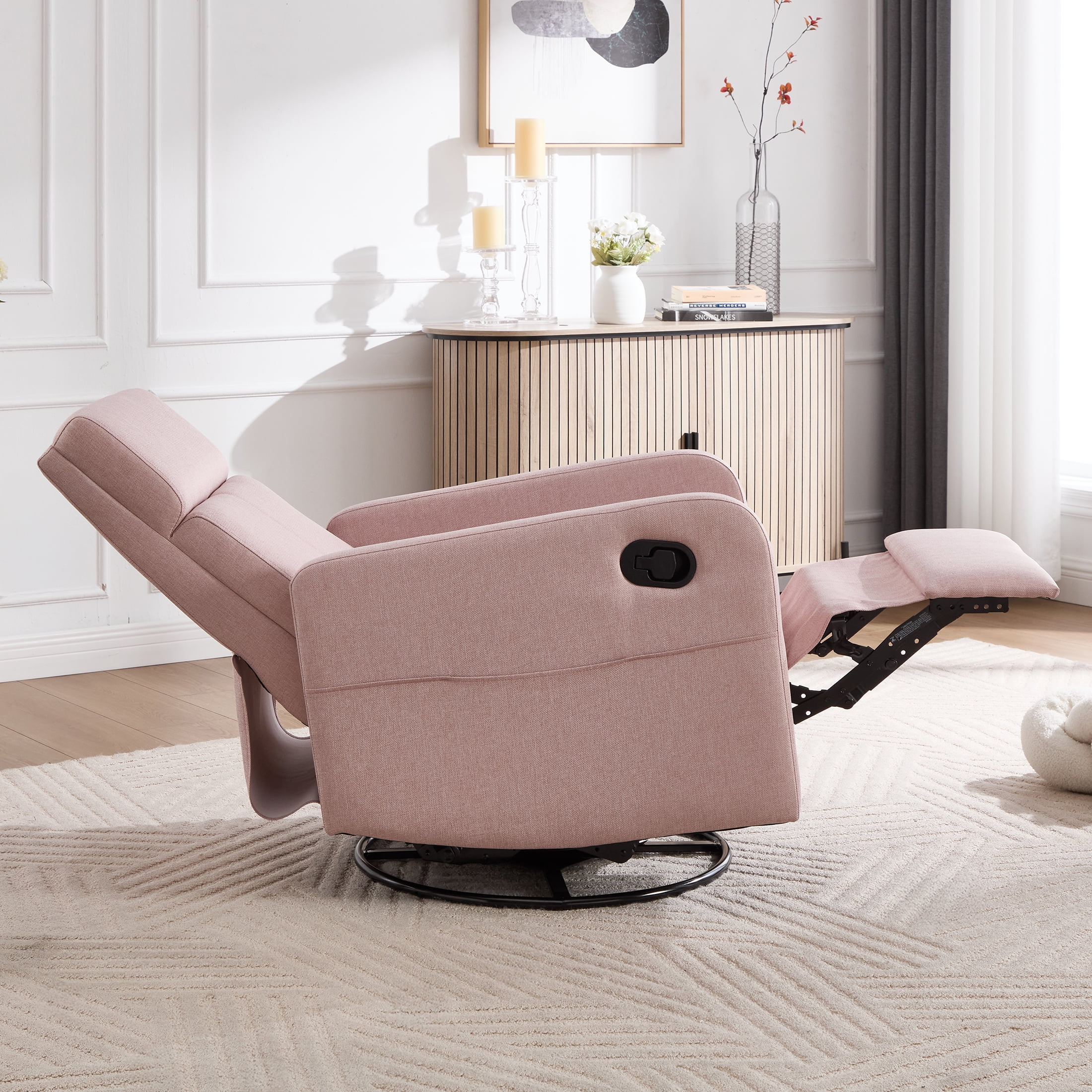 Ketaiyou Swivel Rocking Recliner Chair for Adults, Nursery Glider Chair with Adjustable Headrest, Pink