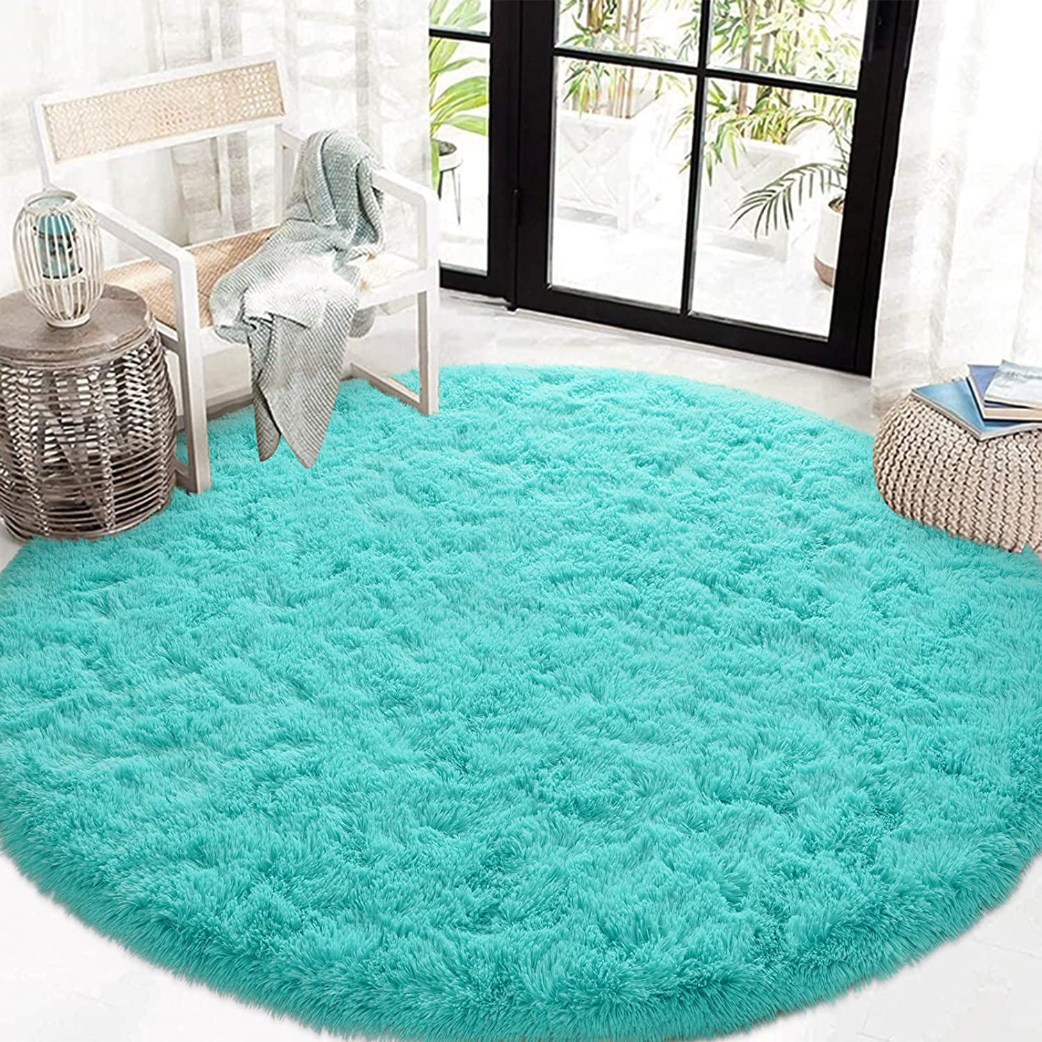 Junovo Round Fluffy Area Rugs For Kids Girls Princess Castle Plush Shaggy Carpet Cute Circle Nursery Rug For Kids Room Bedroom Living Room,4'x4',Blue