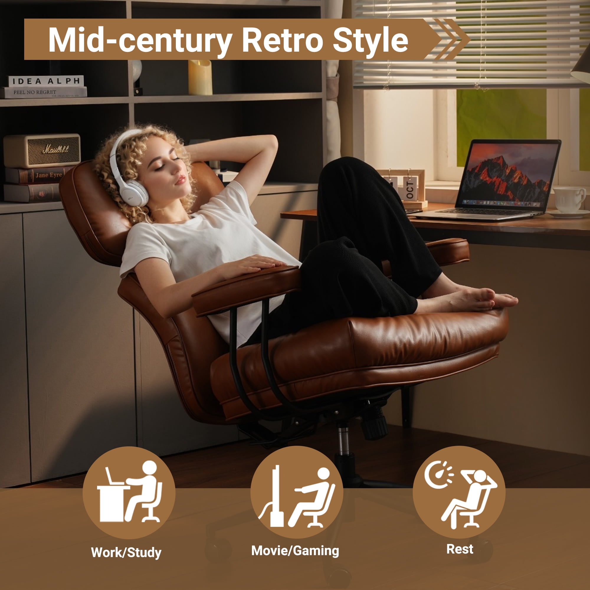 Ovios PU Leather Office Chair High Back Ergonomic Desk Chair with Lumbar Support Mid-Century Executive Computer Chair with Wheels for Home Office, Brown