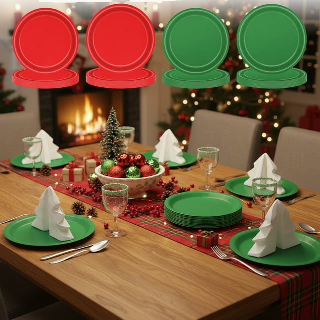 Bowayaoa Red Green Christmas Plates, Disposable Party Tableware for Christmas Tree Holiday Decor Santa Snowflake