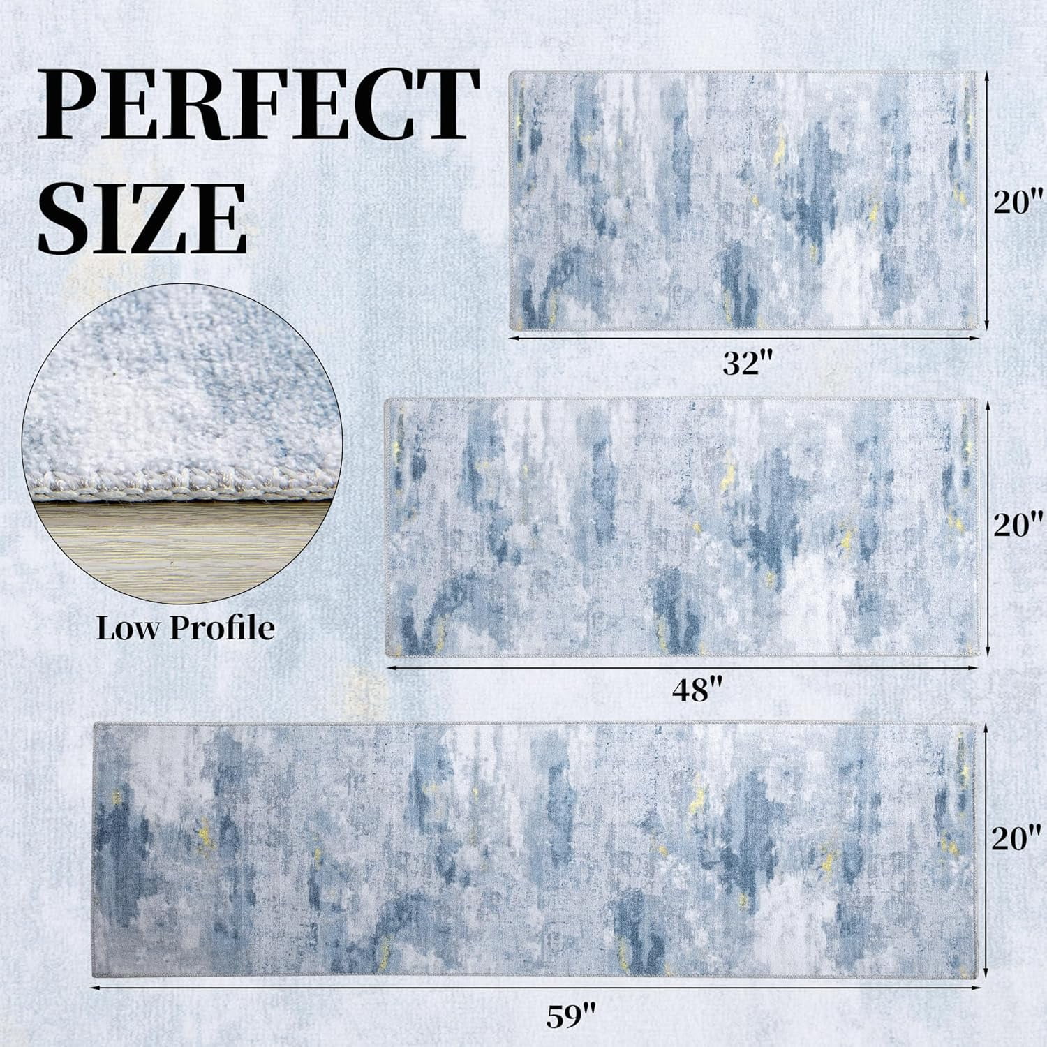 Washable Non Slip Kitchen Rugs Set of 3,Modern Abstract 3 Piece Kitchen Mats for Floor,Absorbent Carpet for Kitchen,Soft Low Pile Kitchen Runner Rug for Sink,Laundry,Washroom,Blue
