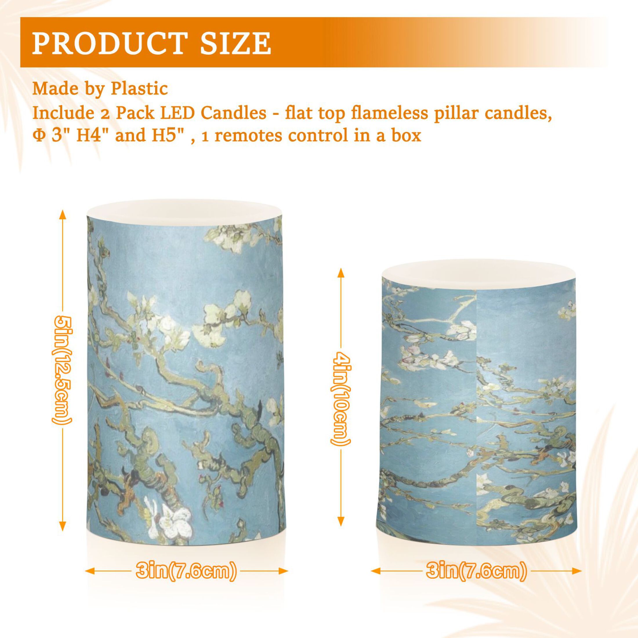 Almond Blossom Flickering Flameless Candles Battery Operated with Remote Timer LED Pillar Candles Set of 2