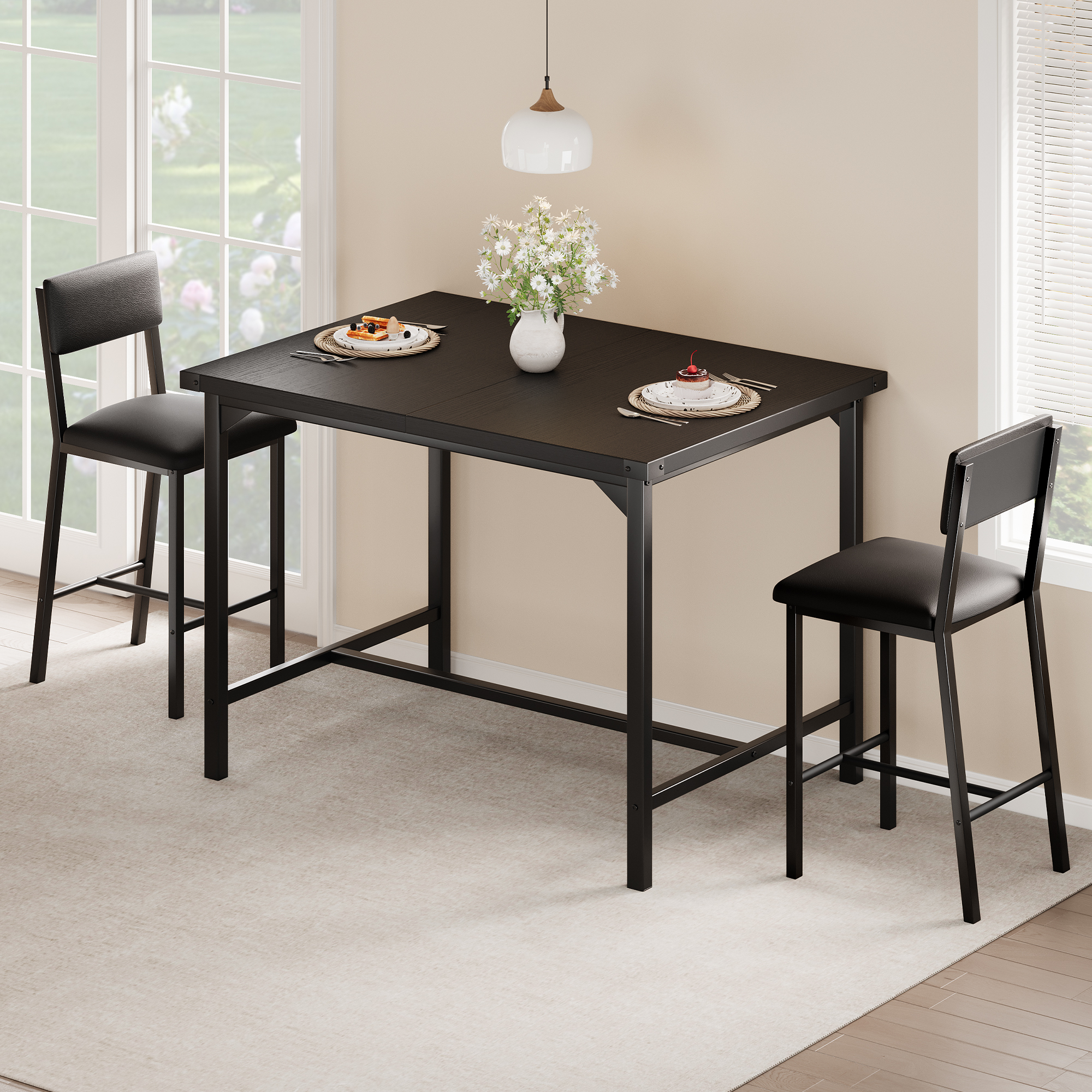 3-Piece Counter Height Dining Table Set for 2 – Includes Upholstered Bar Chairs with Backrest, Footrest, and Corner Protector – Perfect for Small Kitchens, Dining Rooms, Apartments