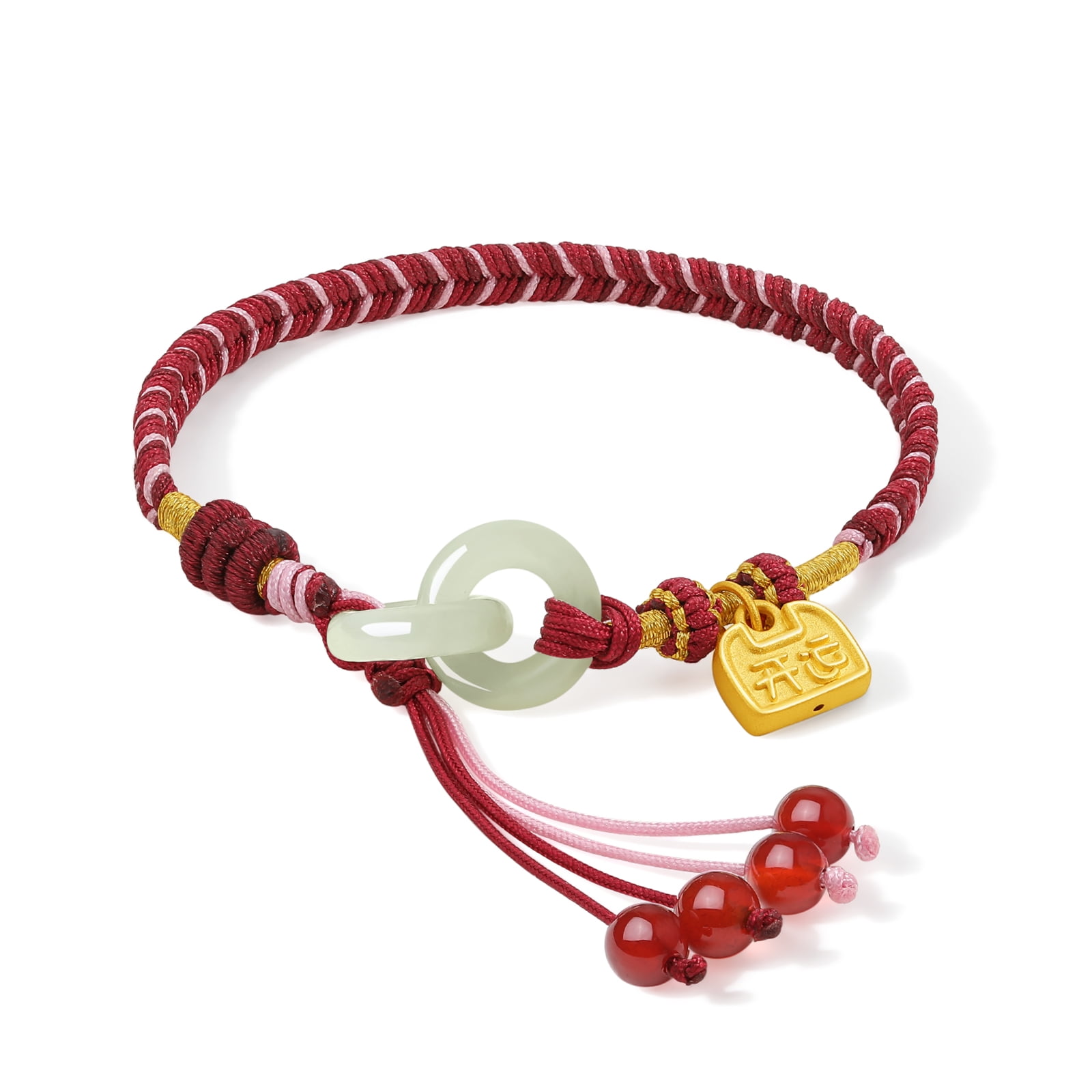ZHOU LIU FU 24K Gold Peace Lock Charm String Bracelet Jade Interlocking Circle & Red Agate Cord Fortune Jewelry Birthday Anniversary Gifts for Women Mom 6.3+2.4inches