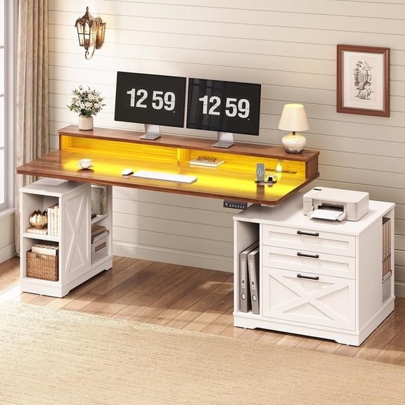 SEDETA Electric Standing Desk Farmhouse Style, 55 Inch Height Adjustable Computer Desk with 3 Drawers, File Cabinet, Storage Shelves, Power Outlets, Wood Home Office Desk for Work, Study, White
