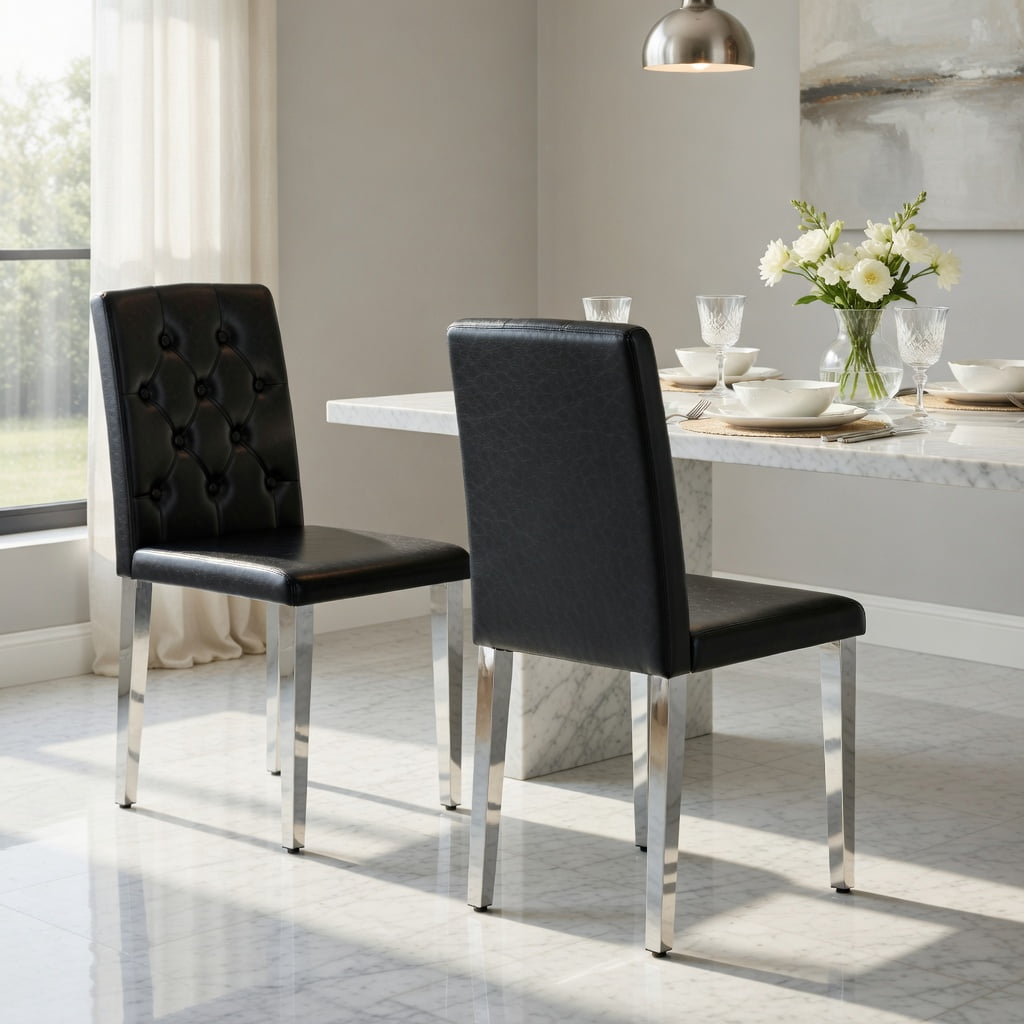 Hommoo 4-Pack PU Leather Dining Chairs with Ergonomic Buckle Backrest, 35 in Height, Metal Legs, Modern Minimalist Design for Home Dining Room or Commercial Use, Black & Sliver