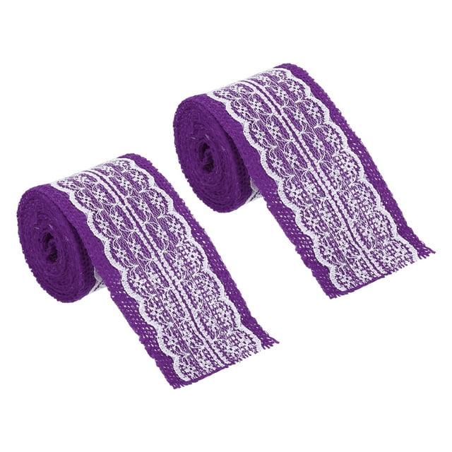 Unique Bargains 2.4' Wide 2.2 Yards Burlap Ribbon White Lace Roll Wrapping Fabric Crafts Roll Dark Purple 2 Pack