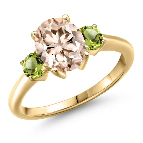 Gem Stone King 10K Yellow Gold Peach Morganite and Green Peridot Engagement Ring for Women | 2.20 Cttw | Oval 9X7MM | Gemstone October Birthstone | Size 5