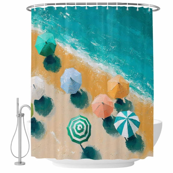 Beach Umbrella Shower Curtain Set with Hooks, Oil Painted Coastal Umbrella Ocean Waves Water Repellent Shower Curtains for Bathroom Decor Sturdy Shower Curtain, Machine Washable 36x72 Inch