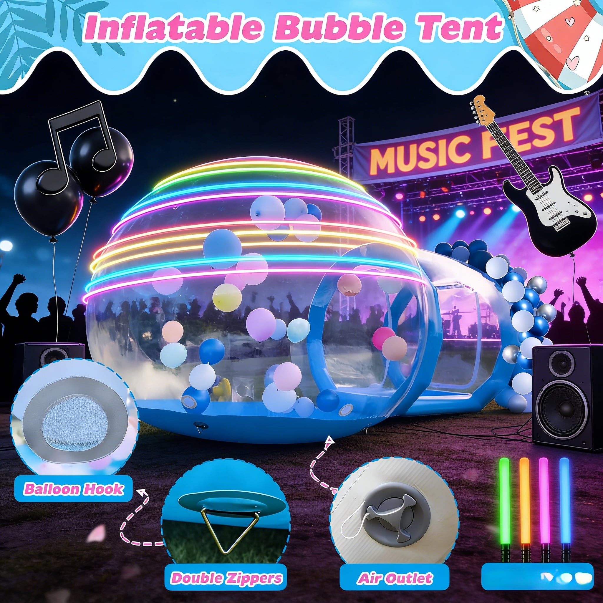 Vakiorn Blue Bubble Balloon House 10 ft Inflatable PVC Dome with Tunnel and Air Pump Clear Playhouse for Kids Party Yard Decoration