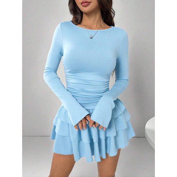 Womens Elegant Baby Blue Ruffle Hem Long Sleeve Mini Dress