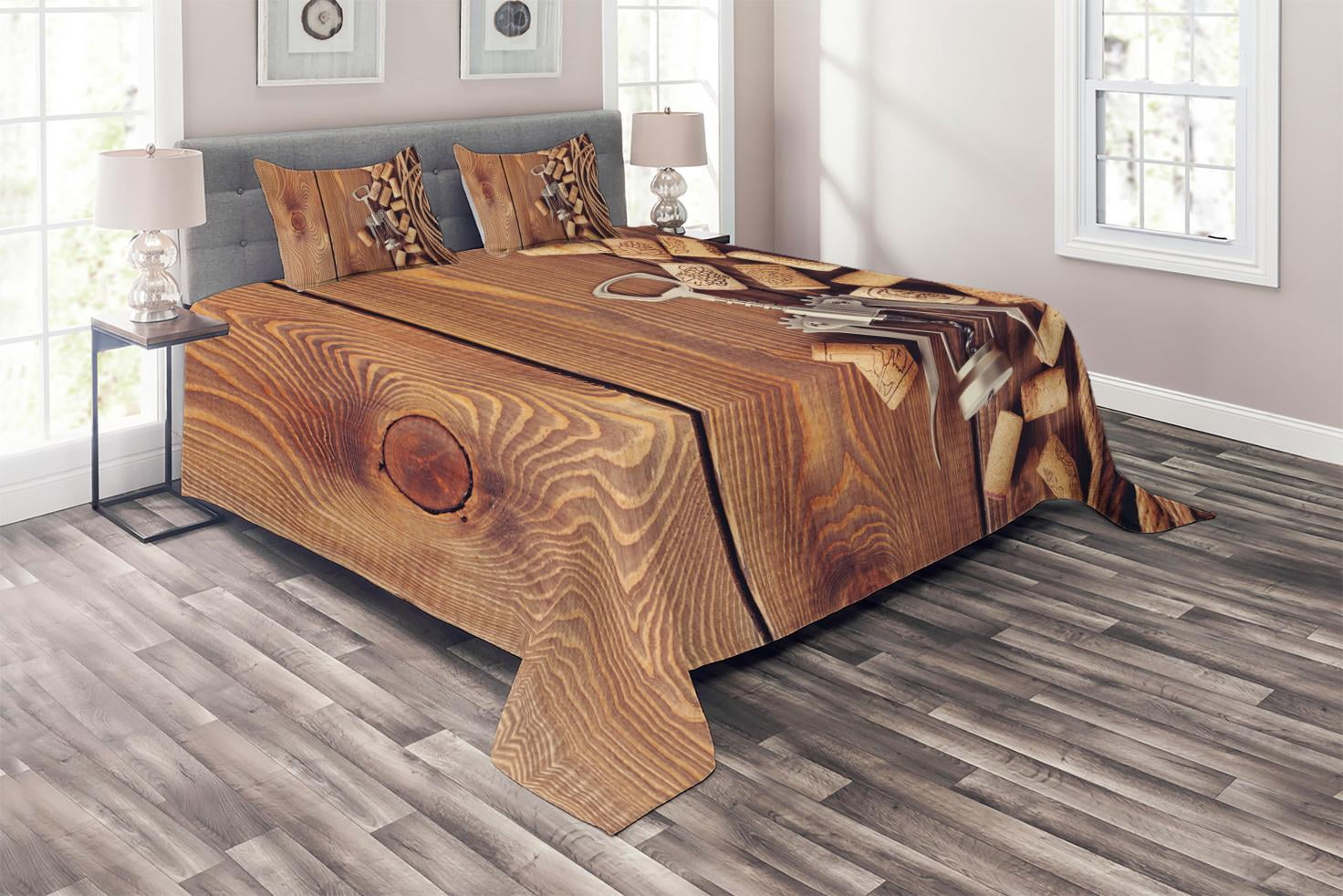 Winery Coverlet Set King Size, Wine Corks Rustic Wooden Ground Natural