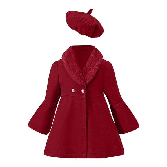 Mercatoo Toddler Baby Girls Wool Blend Solid Color Coat Flare Long Sleeve Lapel Trench with Hats Winter Warm Clothes Sets