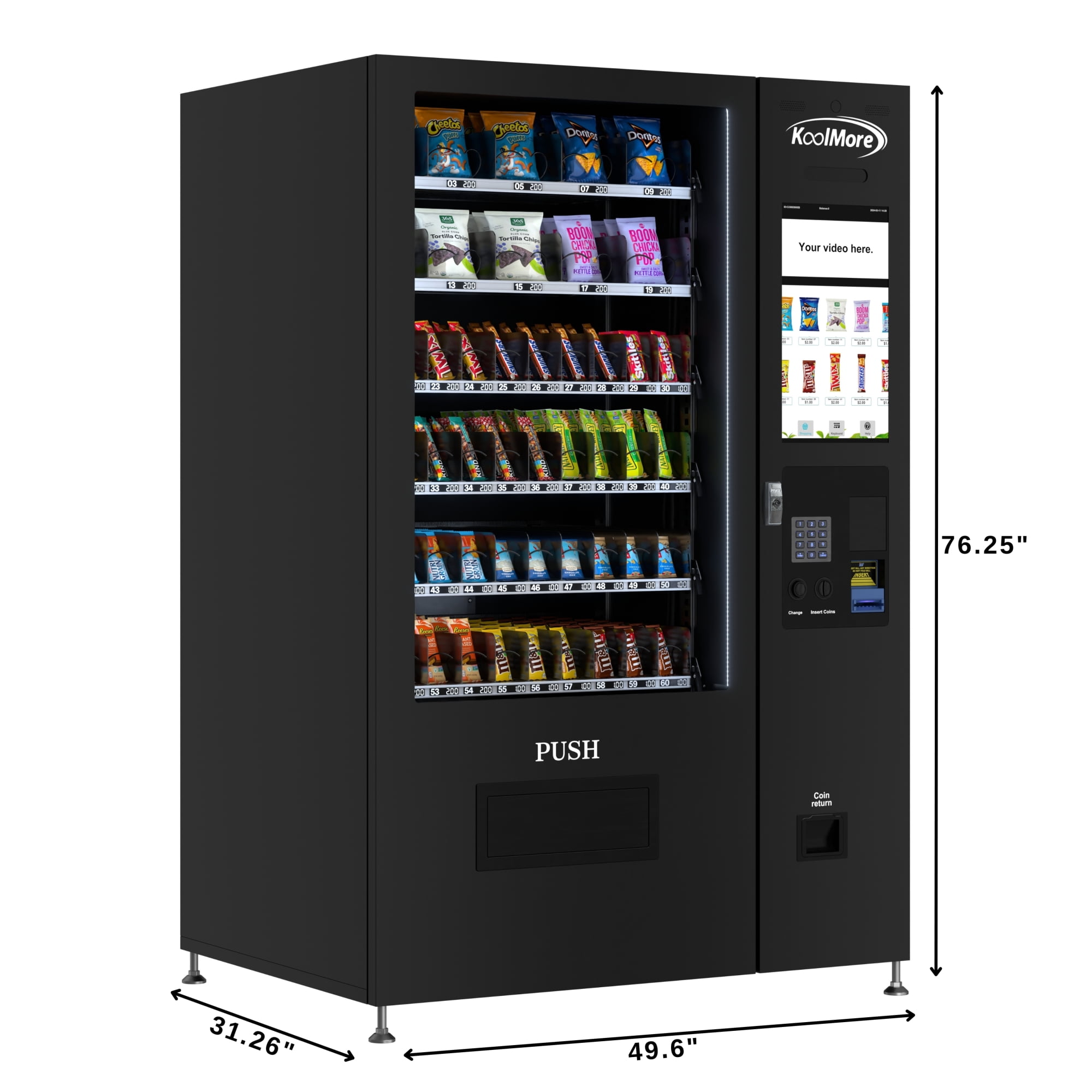 Non-Refrigerated Snack Vending Machine with 60 Slots, Coin and Bill Acceptor, and 22 Inch Touch Screen in Black (KM-VMNT-50-BC)