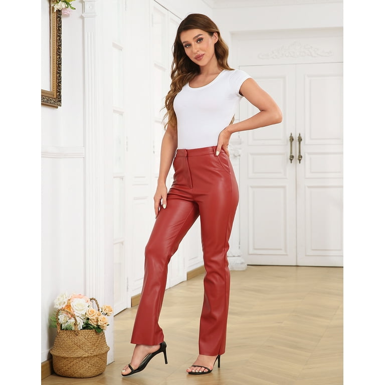 HDE Women's Faux Leather Pants High Waisted Trousers with Pockets Red XL