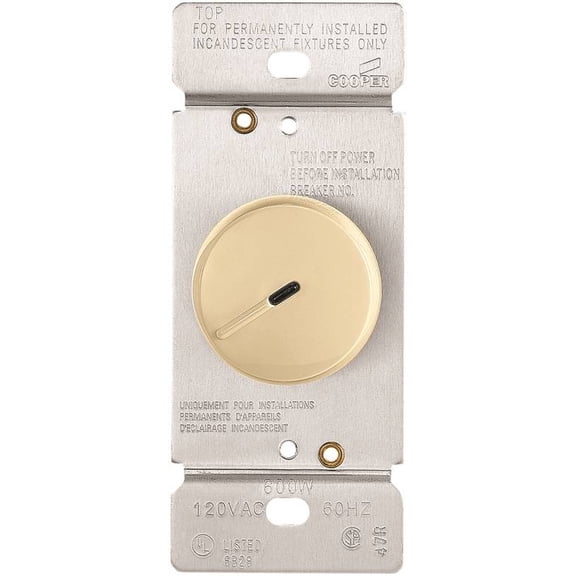 Eaton Wiring Devices RI06PL-V-K Rotary Dimmer, 120 V, 600 W, Halogen, Incandescent Lamp, 3-Way, White