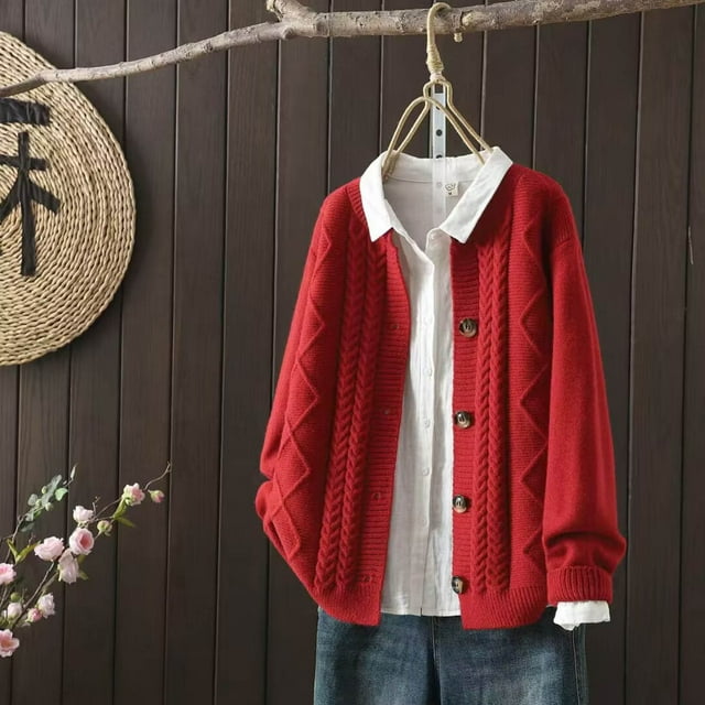 Wzzjkit Vêtements d'Automne Mode Femme Couleur Unie Cardigan à Manches Longues Chandail Col Rond