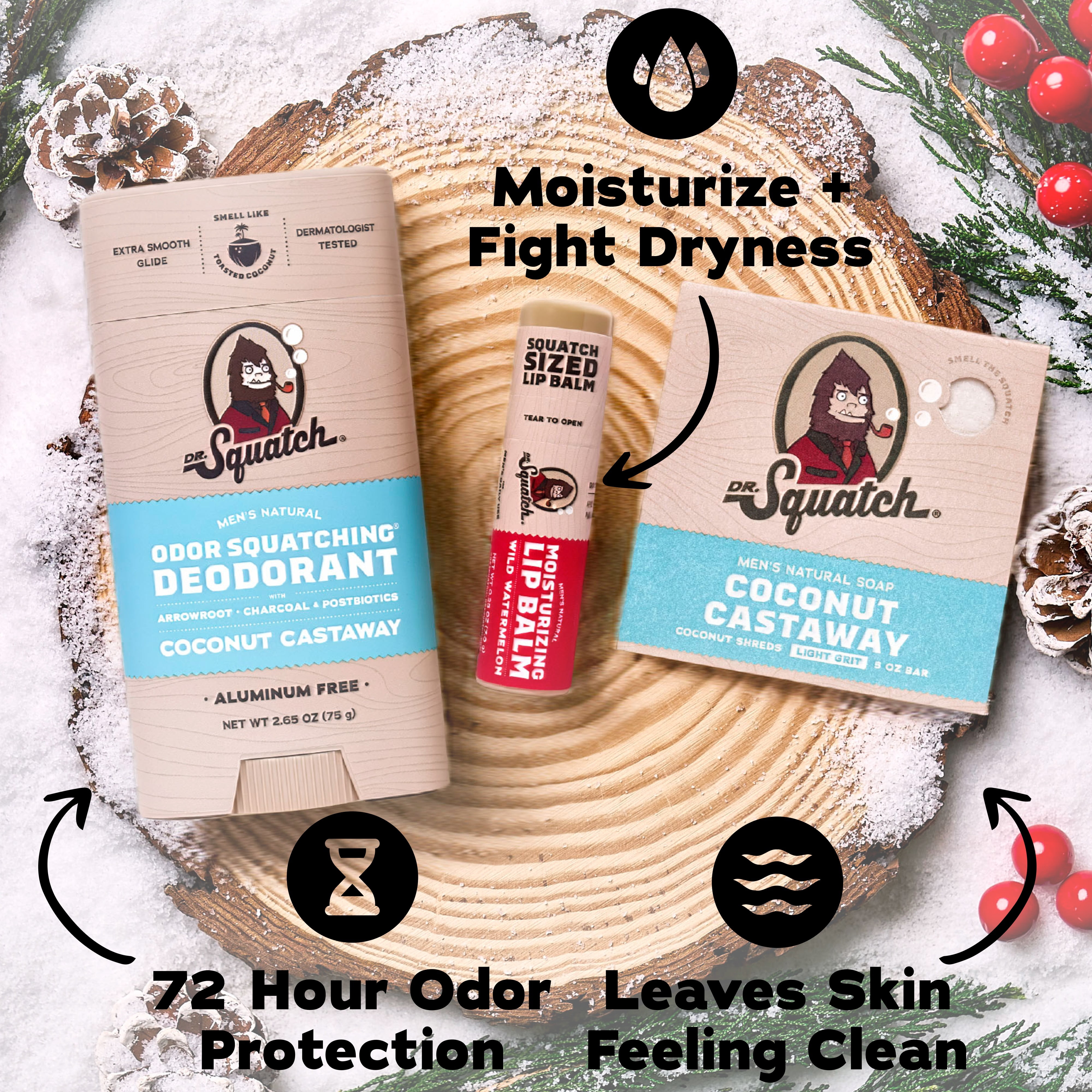Dr. Squatch Holiday Gifts for Men – Natural Bar Soap, Aluminum Free Deodorant & Lip Balm – Coconut Castaway + Wild Watermelon (3-Pack)