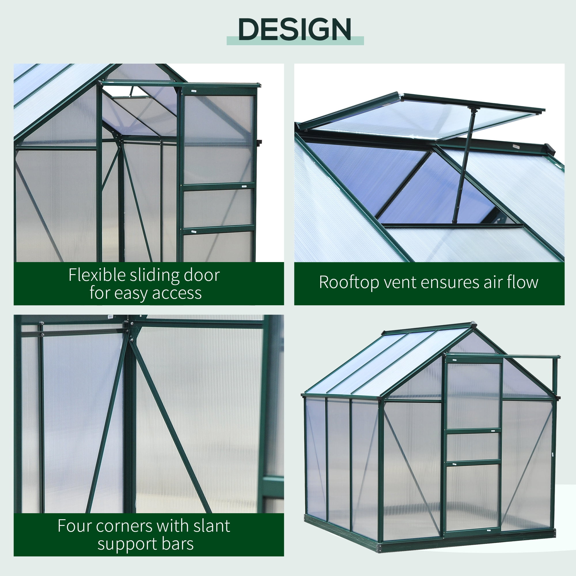 Homiyad Walk In Greenhouse 6' X 6' X 7' Aluminum Polycarbonate Portable Garden Greenhouse With Rooftop Vent & UV-Resistant Walls Dark Green