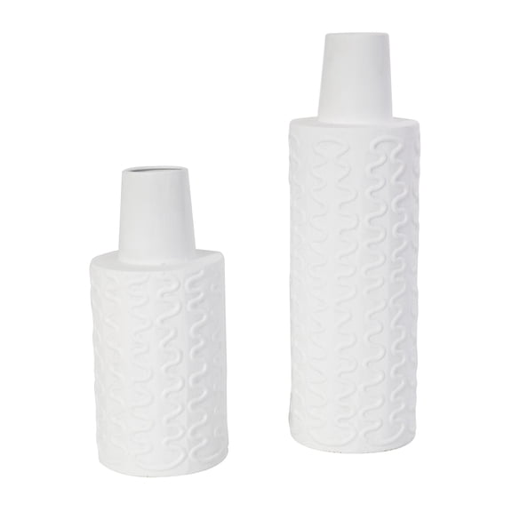 DecMode 16", 11"H Abstract Wavy Textured White Metal Vase, Set of 2