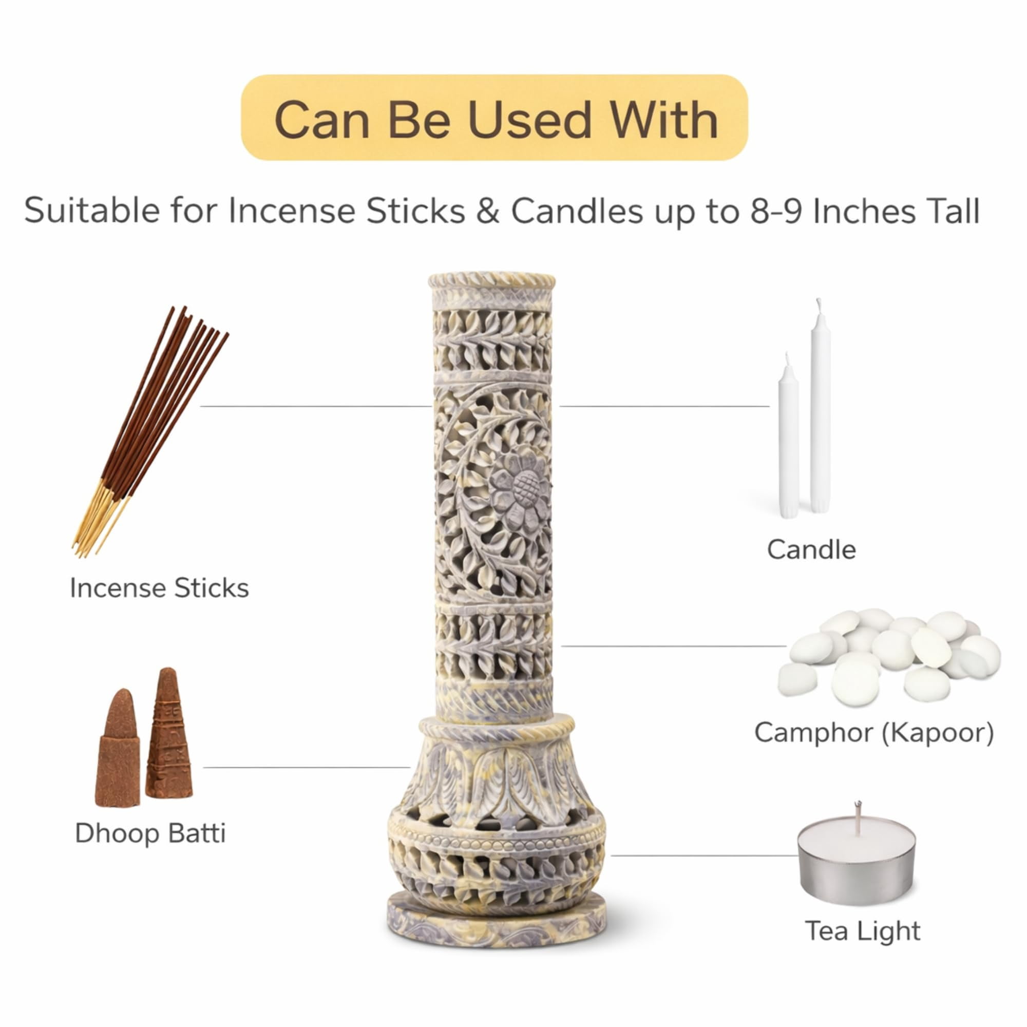 Marble Soapstone Incense Stick Holder | Candle Burner Tea Light Stand - Handmade Bottle Tower. Decorative Floral Carving For Gifting Home And Office Decor (3x3x10.5 Inches)