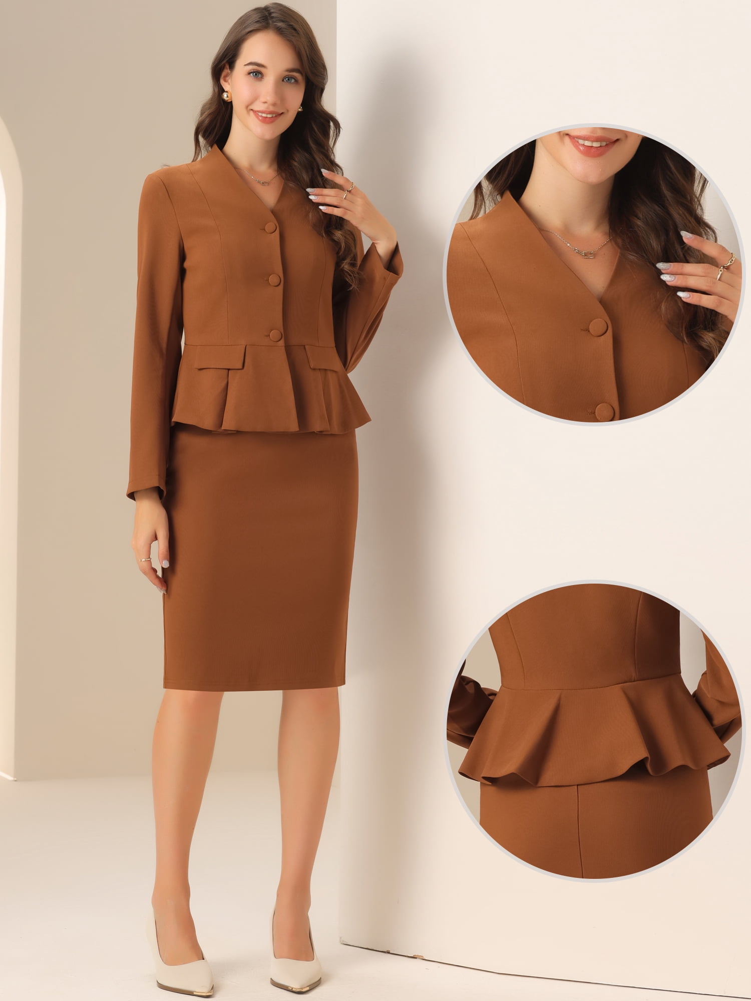 DARING DIVA Women's Collarless Peplum Blazer Sheath Skirts 2 Pcs Suit Set M Brown