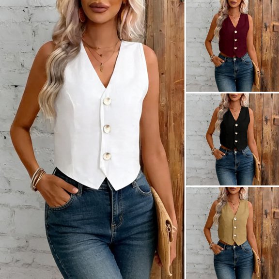 mdesiwst Linen Vest Top for Women Casual Slim Fit Sleeveless Button Down Waistcoat V Neck Crop Office Work Outfit
