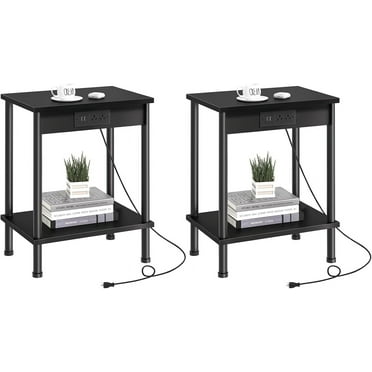 End Table with Charging Station Set of 2,Small Side Table with USB Ports and Outlets,2-Tier Nightstand with Storage Shelf,Sofa Bedside Table for Small Space in Living Room, Bedroom, Black